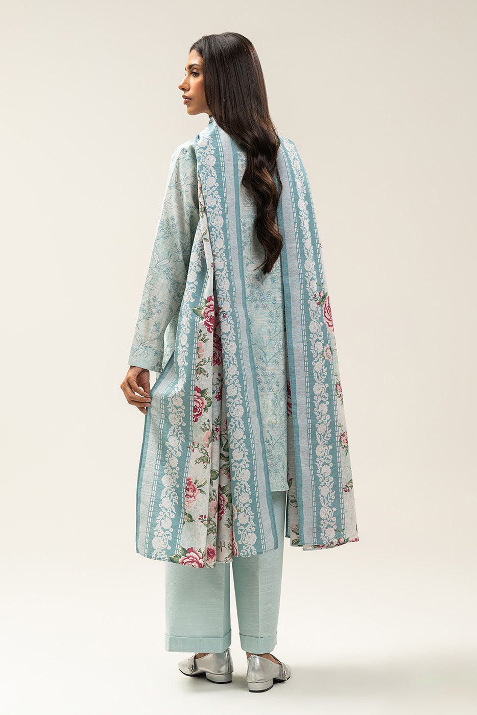 3 PIECE EMBROIDERED SLUB KHADDAR SUIT-MERMAID ROSE (UNSTITCHED)