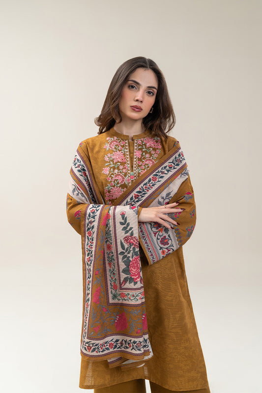 3 PIECE EMBROIDERED SLUB KHADDAR SUIT-MUSTARD GLAM (UNSTITCHED)