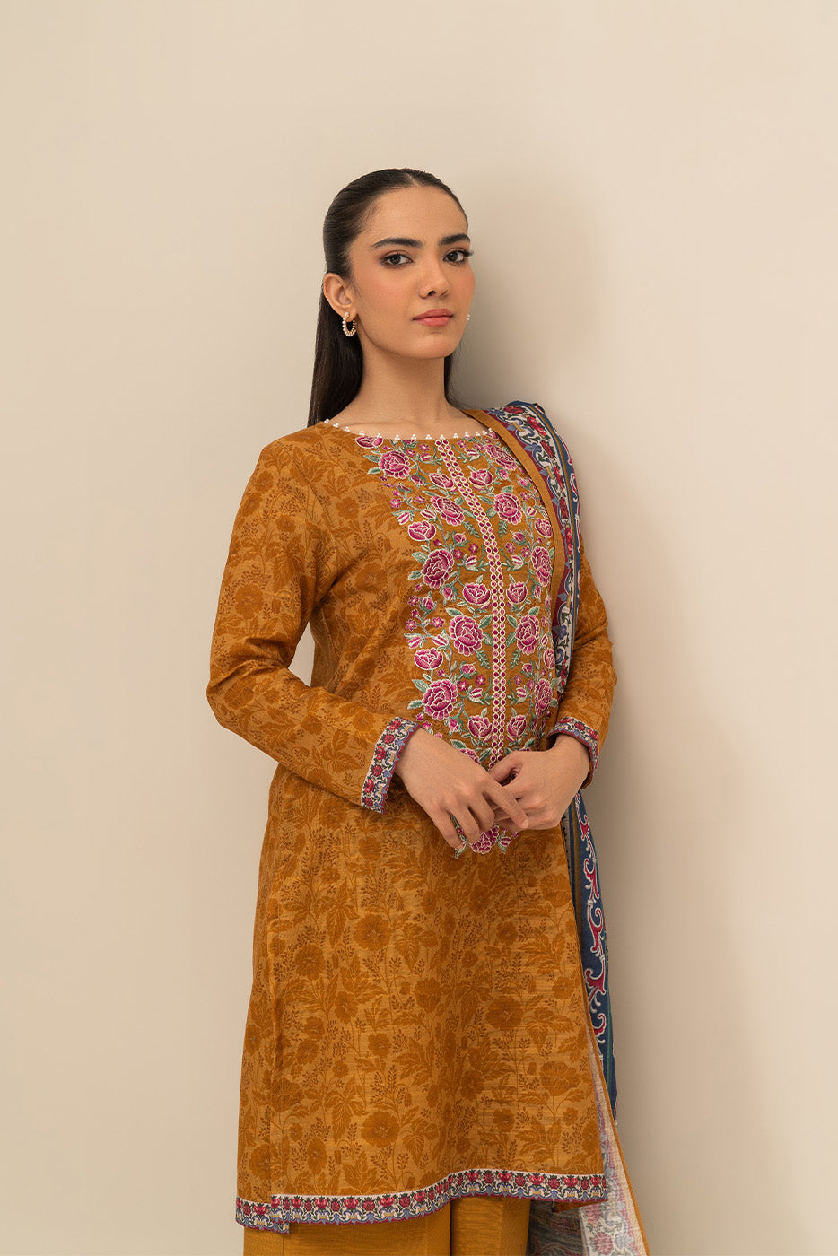 3 PIECE EMBROIDERED SLUB KHADDAR SUIT-MUSTARD BLOOM (UNSTITCHED)