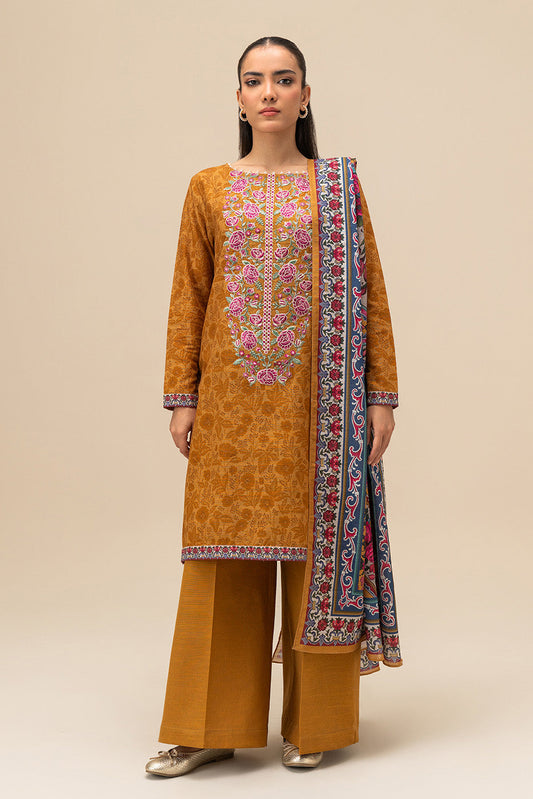 3 PIECE EMBROIDERED SLUB KHADDAR SUIT-MUSTARD BLOOM (UNSTITCHED)