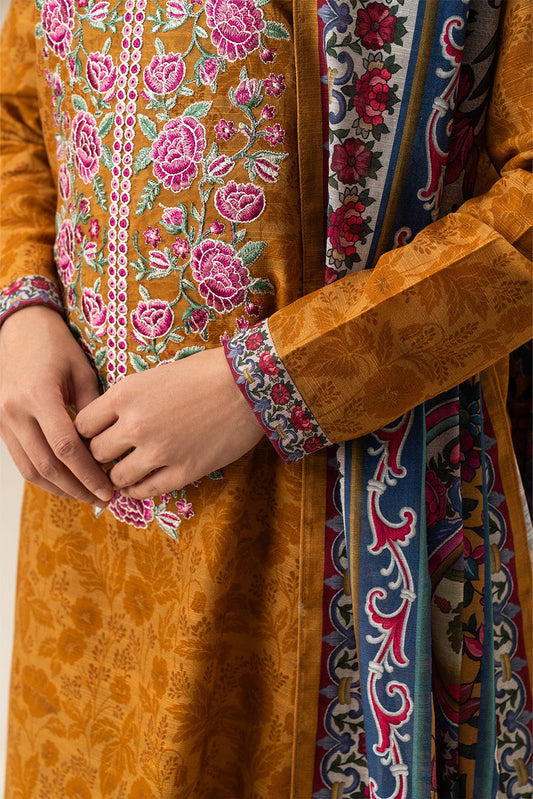 3 PIECE EMBROIDERED SLUB KHADDAR SUIT-MUSTARD BLOOM (UNSTITCHED)