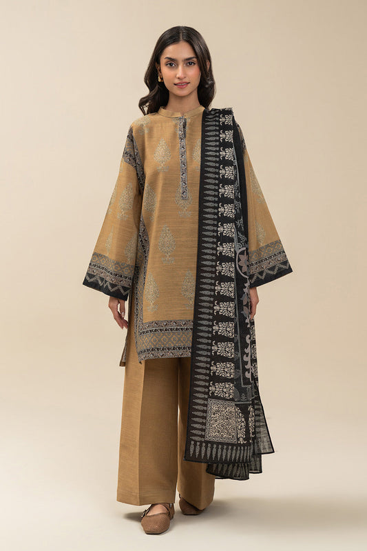 3 PIECE PRINTED SLUB KHADDAR SUIT-FLAXEN TINT (UNSTITCHED)