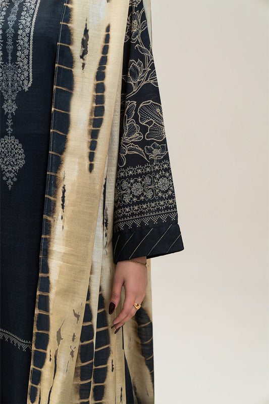 3 PIECE PRINTED SLUB KHADDAR SUIT-EBONY DYE SUIT
