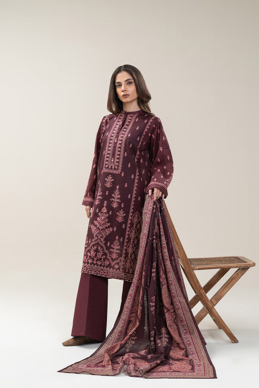 3 PIECE PRINTED SLUB KHADDAR SUIT-VINTAGE MAROON (UNSTITCHED)