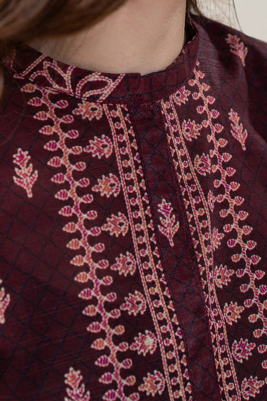3 PIECE PRINTED SLUB KHADDAR SUIT-VINTAGE MAROON (UNSTITCHED)
