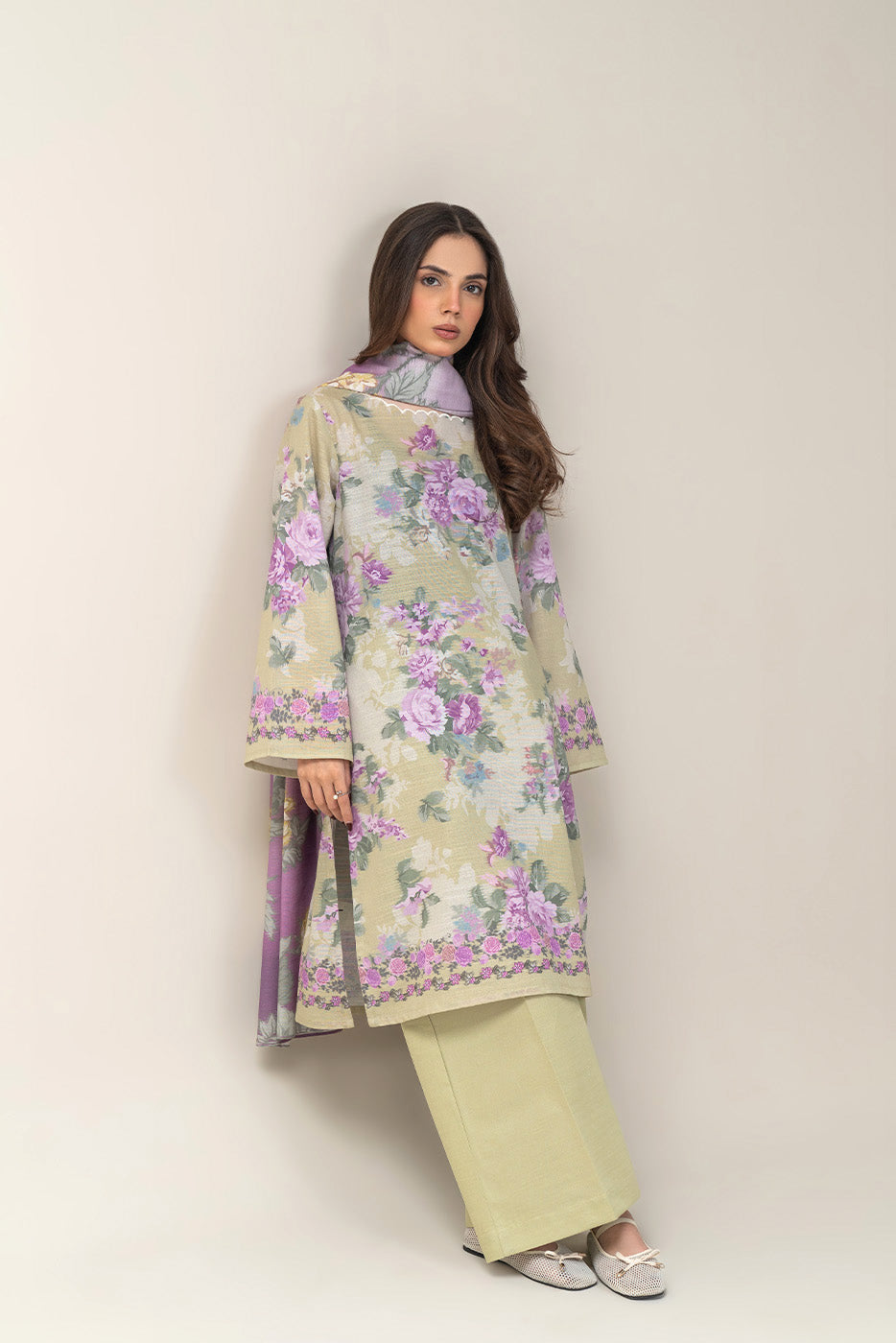 3 PIECE PRINTED SLUB KHADDAR SUIT-LAVENDER BLOOM (UNSTITCHED)