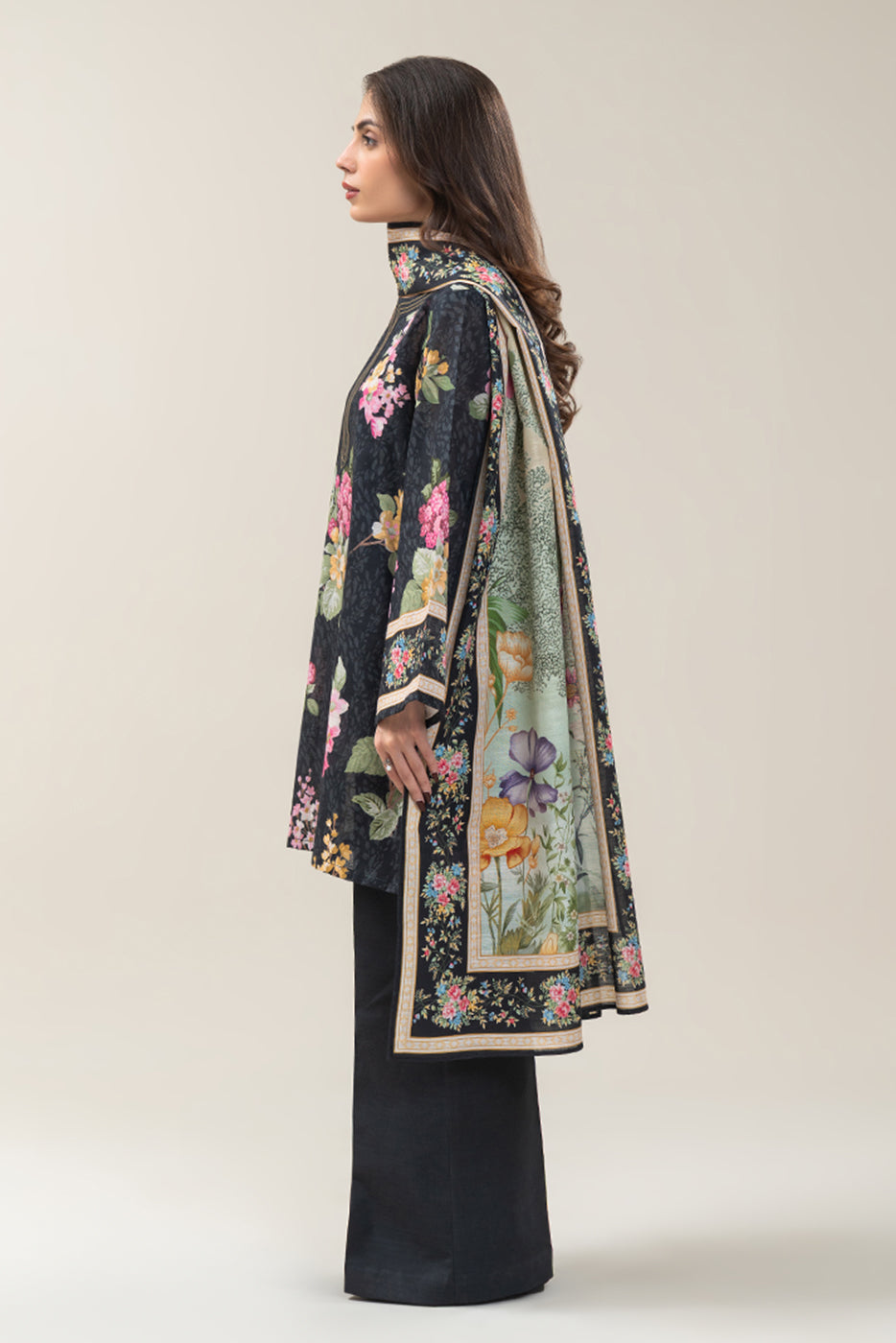 3 PIECE PRINTED SLUB KHADDAR SUIT-FLORAL SLATE (UNSTITCHED)
