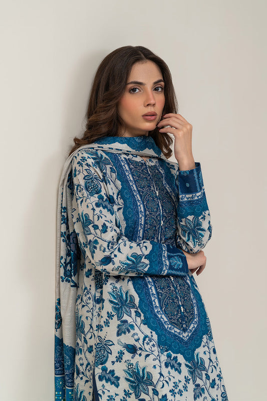 3 PIECE PRINTED SLUB KHADDAR SUIT-ANTIQUE BLUE (UNSTITCHED)