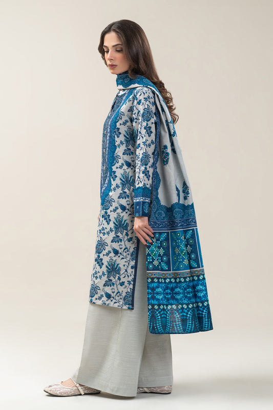 3 PIECE PRINTED SLUB KHADDAR SUIT-ANTIQUE BLUE (UNSTITCHED)