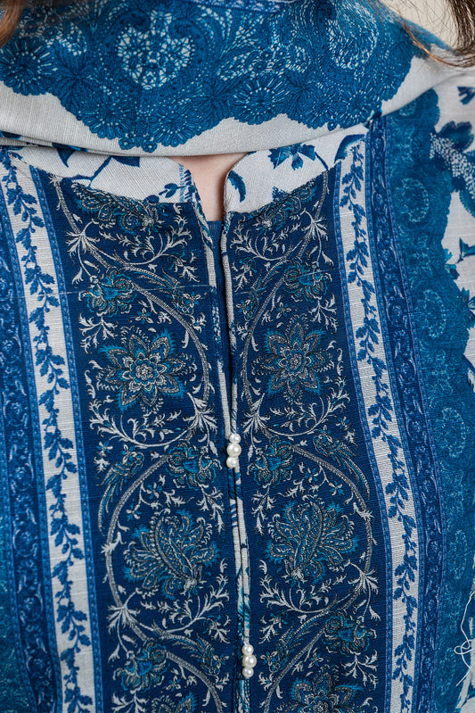 3 PIECE PRINTED SLUB KHADDAR SUIT-ANTIQUE BLUE (UNSTITCHED)