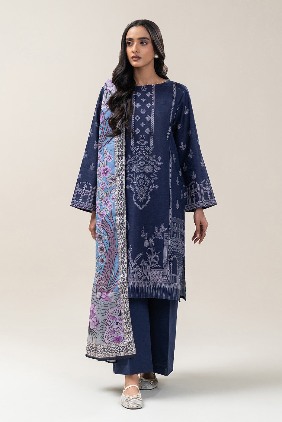 3 PIECE PRINTED SLUB KHADDAR SUIT-YALE NOIR (UNSTITCHED)
