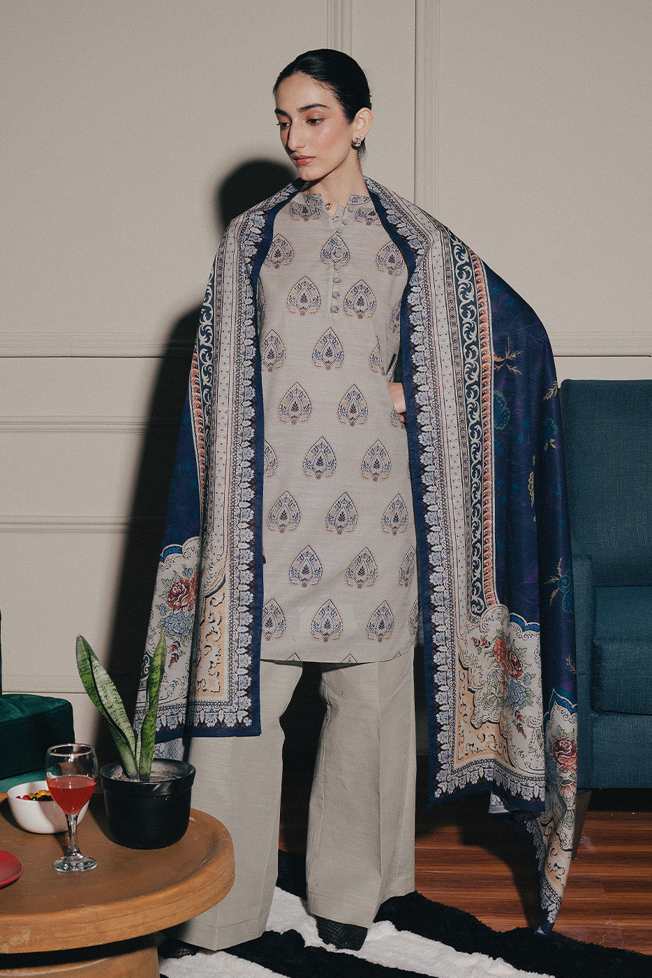 3 PIECE PRINTED SLUB KHADDAR SUIT-SAPPHIRE WHISPER (UNSTITCHED)