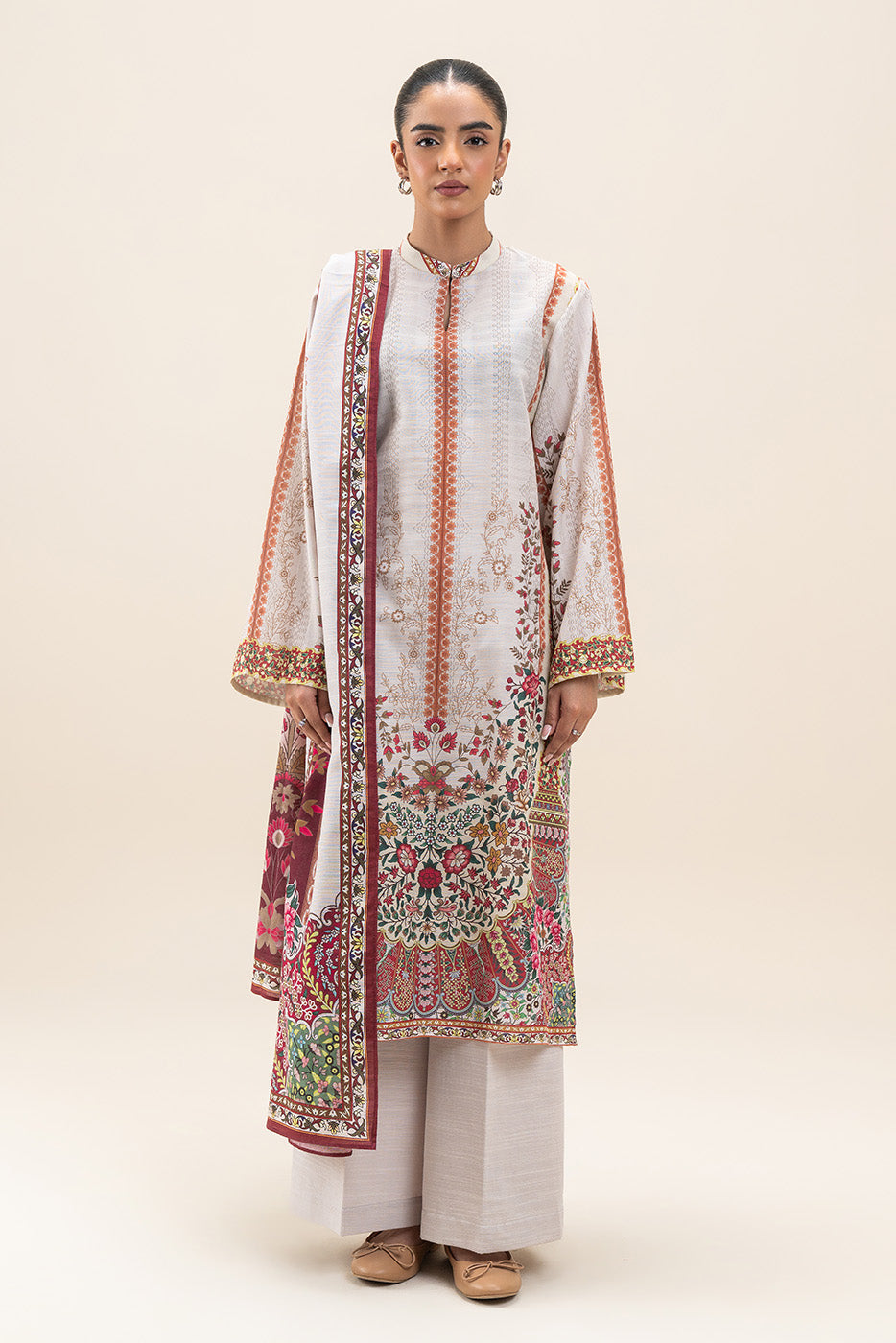 3 PIECE PRINTED SLUB KHADDAR SUIT-WHITE ALLURE