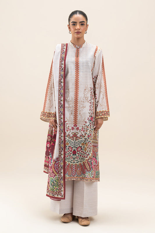 3 PIECE PRINTED SLUB KHADDAR SUIT-WHITE ALLURE