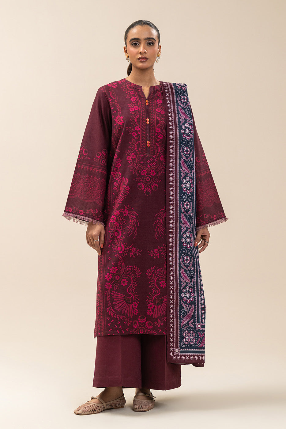 3 PIECE PRINTED SLUB KHADDAR SUIT-MYSTIC MAROON (UNSTITCHED)