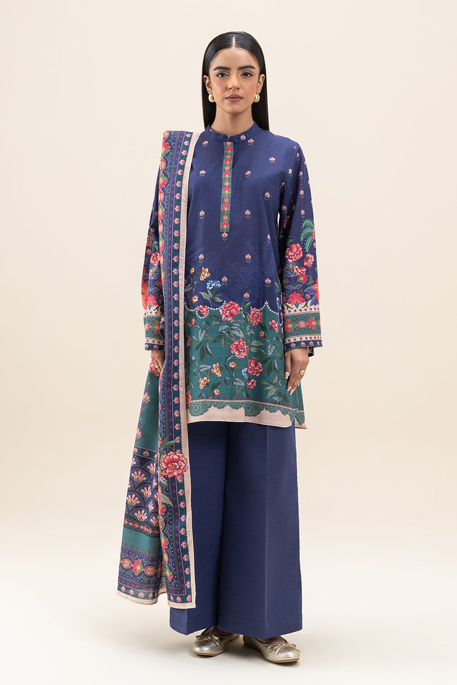 3 PIECE PRINTED SLUB KHADDAR SUIT-VIOLET ORCHID