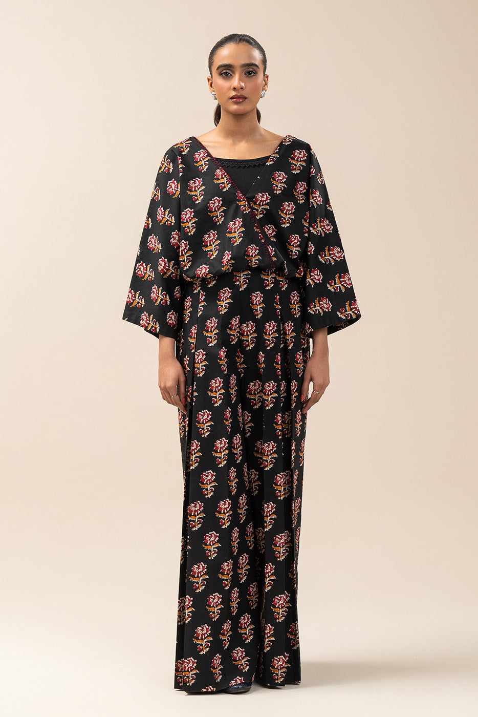 2 PIECE PRINTED CAMBRIC SUIT-PITCH BLACK (UNSTITCHED)