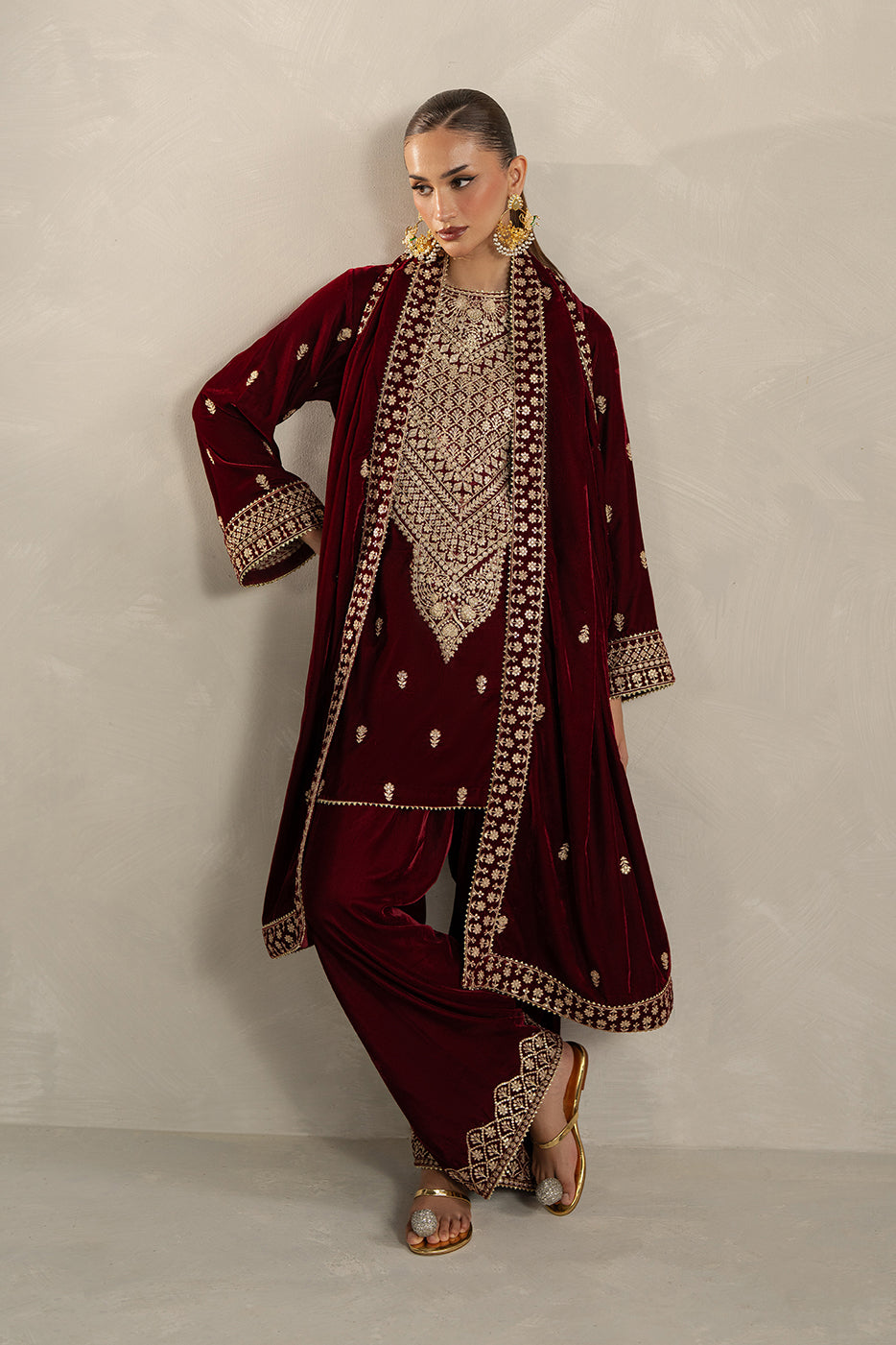 3 PIECE EMBROIDERED VELVET SUIT-GARNET BLISS (UNSTITCHED)