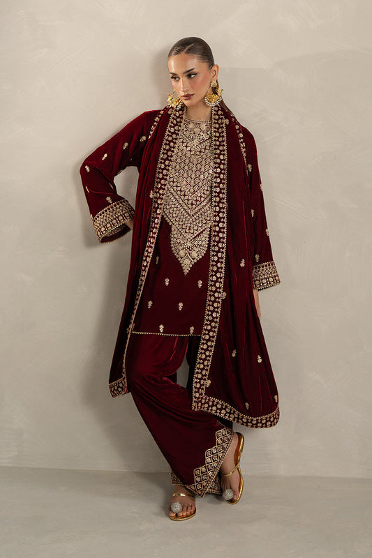 3 PIECE EMBROIDERED VELVET SUIT-GARNET BLISS (UNSTITCHED)
