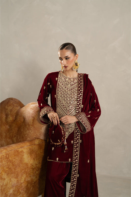 3 PIECE EMBROIDERED VELVET SUIT-GARNET BLISS (UNSTITCHED)