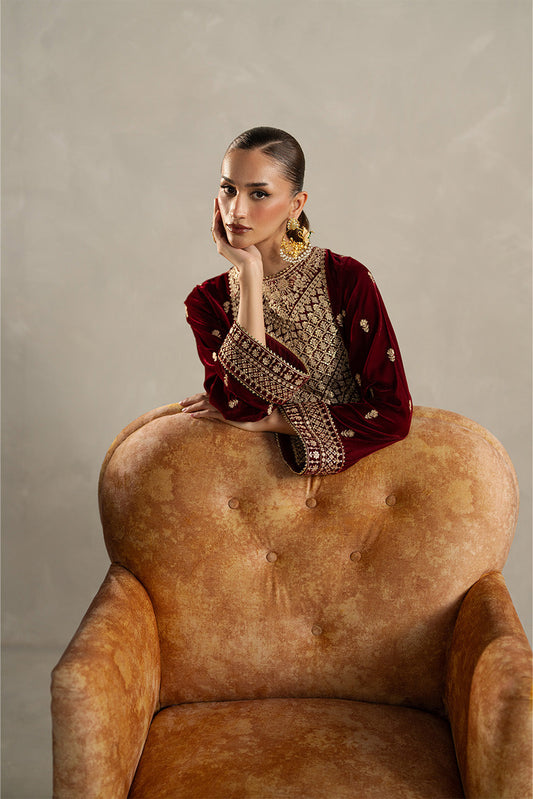 3 PIECE EMBROIDERED VELVET SUIT-GARNET BLISS (UNSTITCHED)