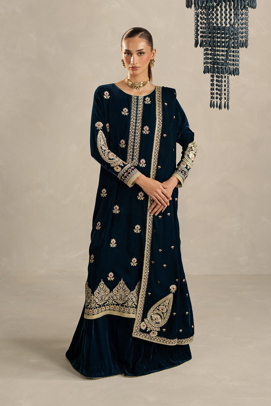 3 PIECE EMBROIDERED VELVET SUIT-AZURE SPELL (UNSTITCHED)