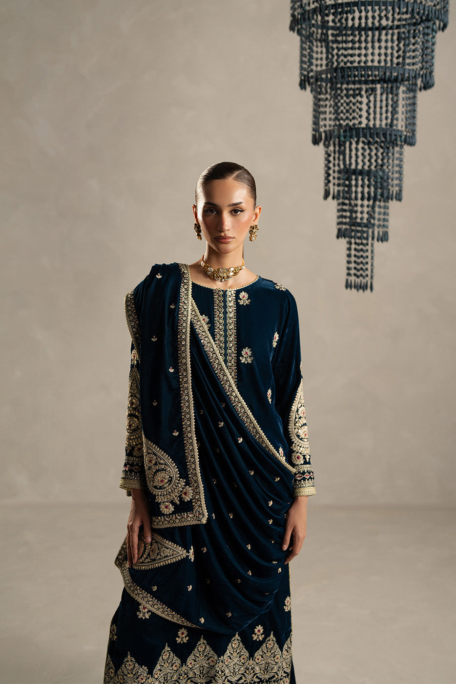 3 PIECE EMBROIDERED VELVET SUIT-AZURE SPELL (UNSTITCHED)