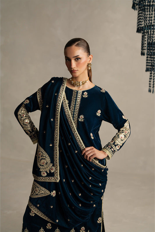 3 PIECE EMBROIDERED VELVET SUIT-AZURE SPELL (UNSTITCHED)
