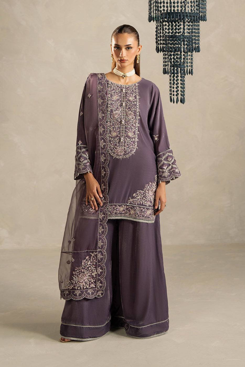 3 PIECE EMBROIDERED VELVET SUIT-HEATHER DUSK (UNSTITCHED)