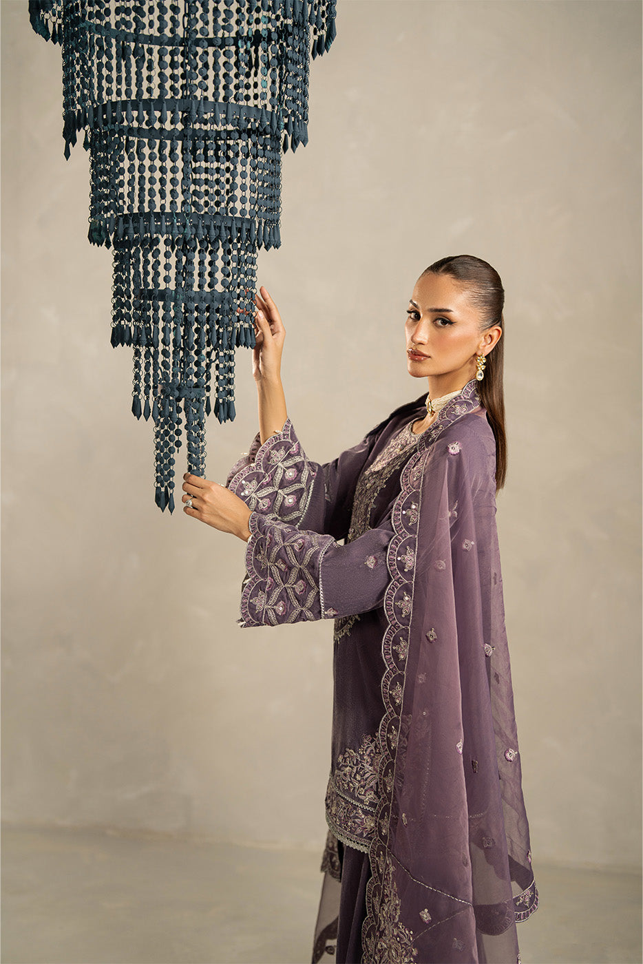 3 PIECE EMBROIDERED VELVET SUIT-HEATHER DUSK (UNSTITCHED)