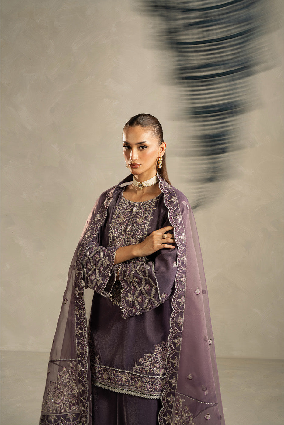 3 PIECE EMBROIDERED VELVET SUIT-HEATHER DUSK (UNSTITCHED)
