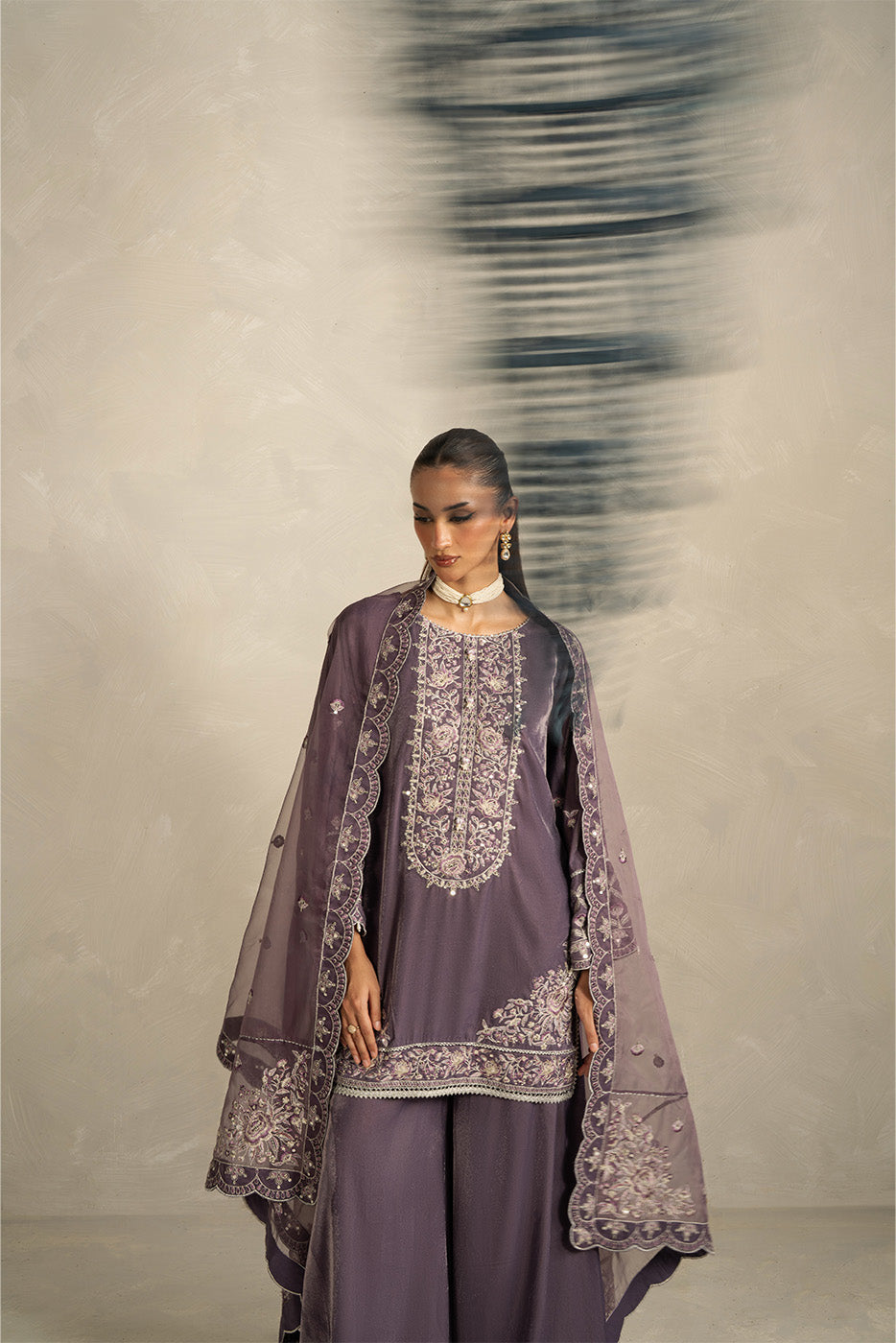 3 PIECE EMBROIDERED VELVET SUIT-HEATHER DUSK (UNSTITCHED)