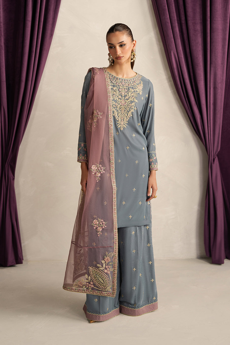 3 PIECE EMBROIDERED VELVET SUIT-MOONLIGHT PEARL (UNSTITCHED)