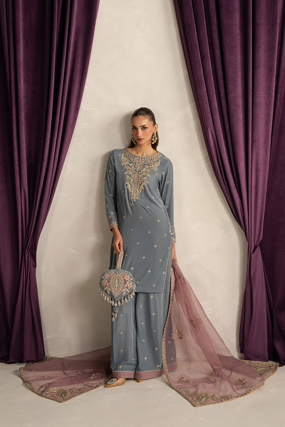 3 PIECE EMBROIDERED VELVET SUIT-MOONLIGHT PEARL (UNSTITCHED)