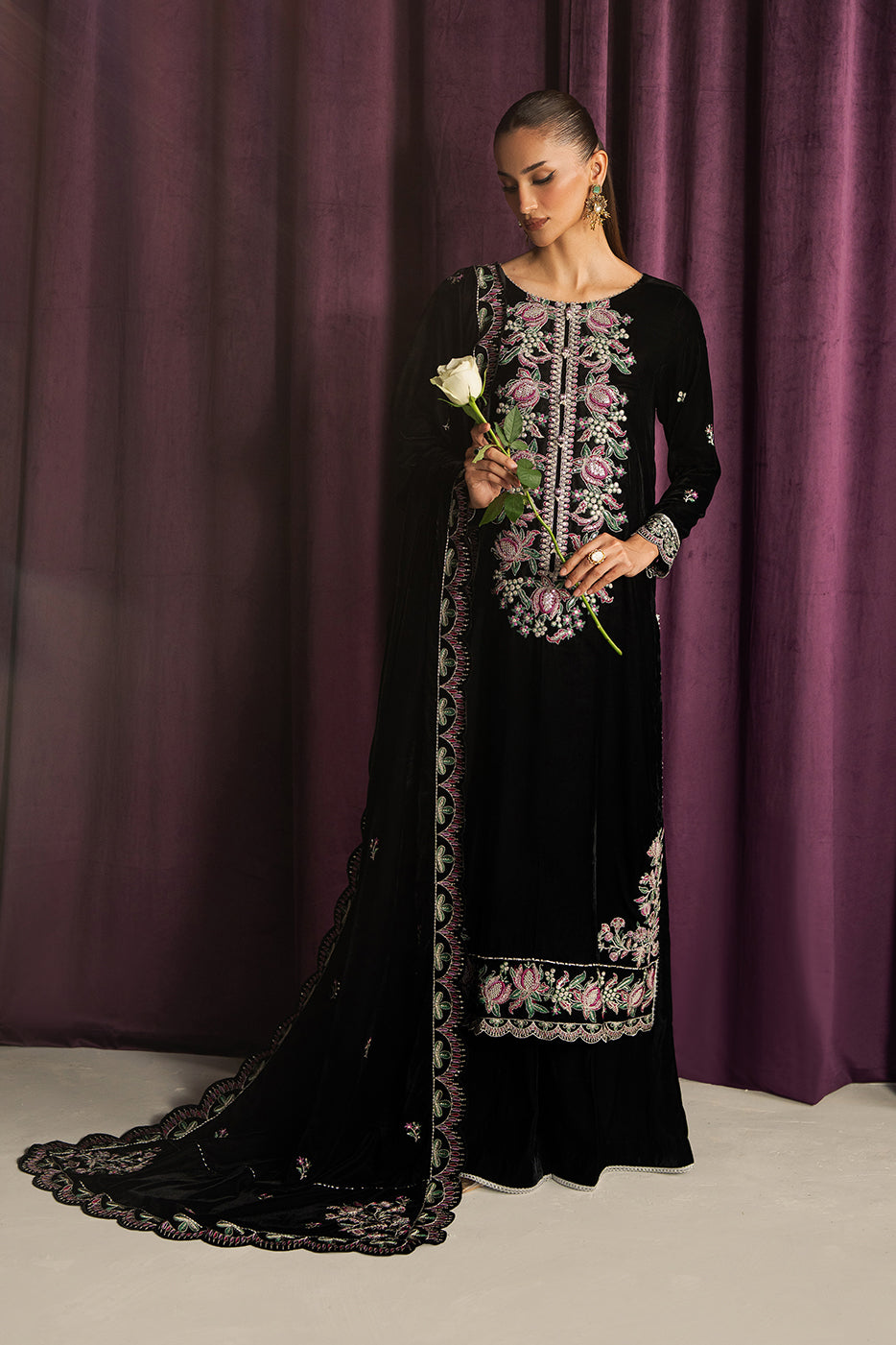 3 PIECE EMBROIDERED VELVET SUIT-MIDNIGHT DREAM (UNSTITCHED)