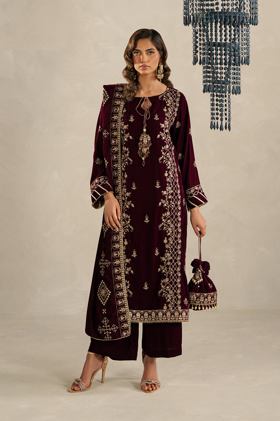 3 PIECE EMBROIDERED VELVET SUIT-BURGUNDY GLOW (UNSTITCHED)