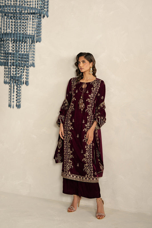 3 PIECE EMBROIDERED VELVET SUIT-BURGUNDY GLOW (UNSTITCHED)