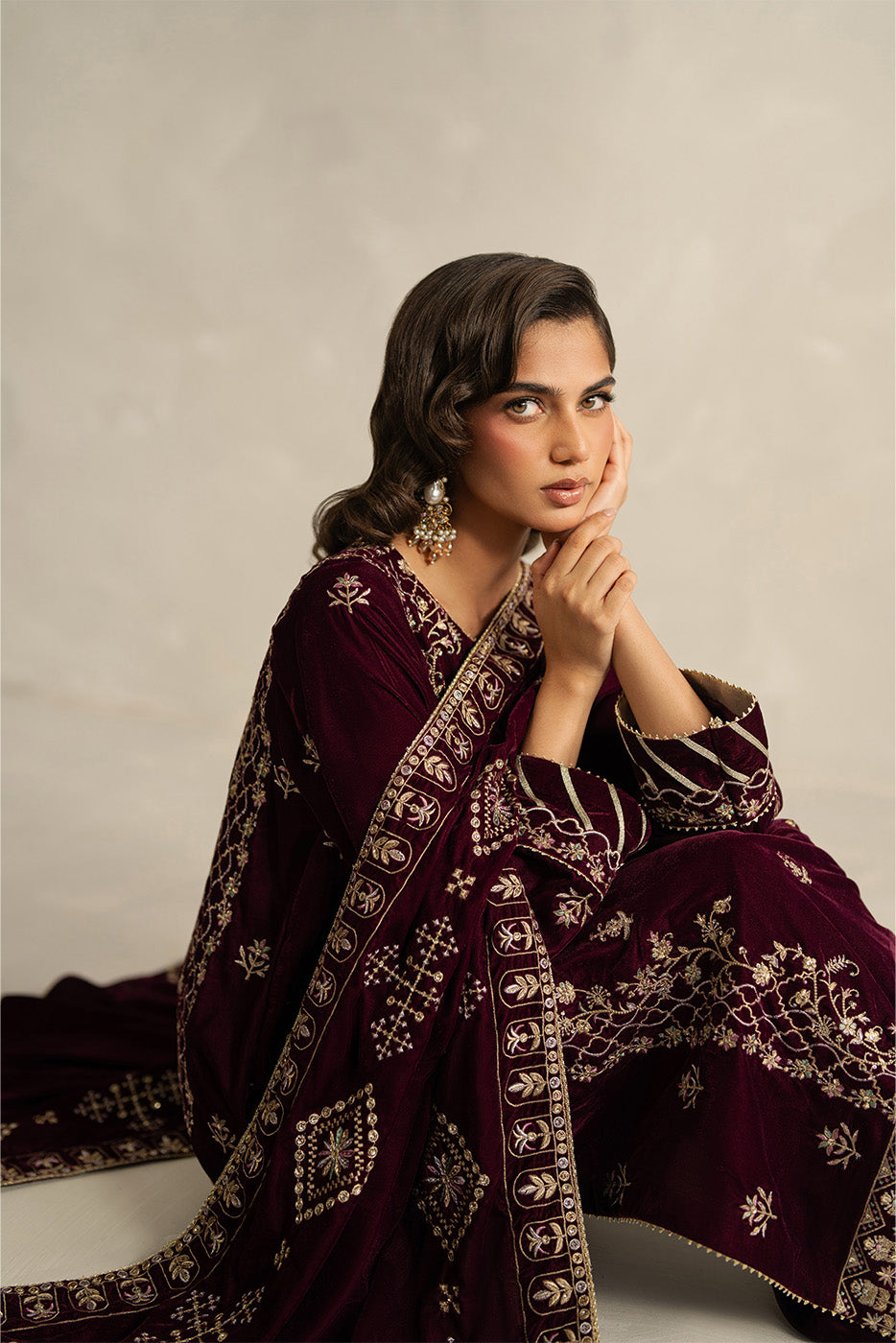 3 PIECE EMBROIDERED VELVET SUIT-BURGUNDY GLOW (UNSTITCHED)