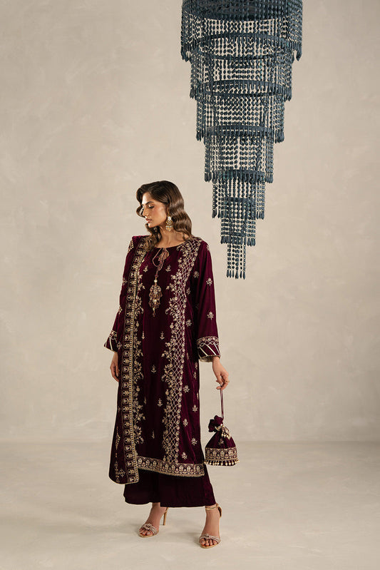 3 PIECE EMBROIDERED VELVET SUIT-BURGUNDY GLOW (UNSTITCHED)