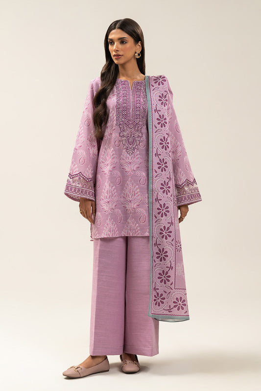 3 PIECE EMBROIDERED SLUB KHADDAR SUIT-LILAC ASH (UNSTITCHED)