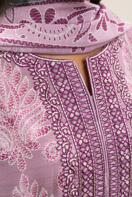 3 PIECE EMBROIDERED SLUB KHADDAR SUIT-LILAC ASH (UNSTITCHED)