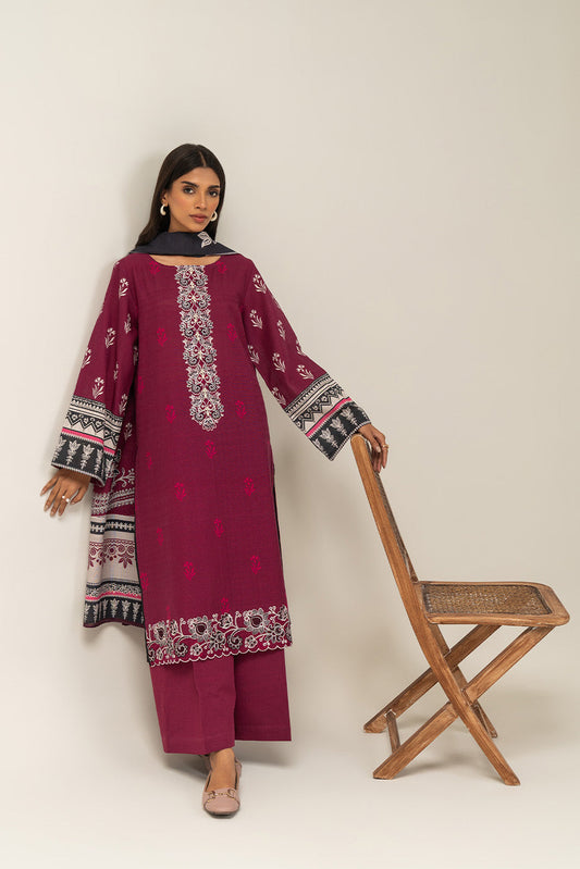 3 PIECE EMBROIDERED SLUB KHADDAR SUIT-ROSEY IMPERIL (UNSTITCHED)