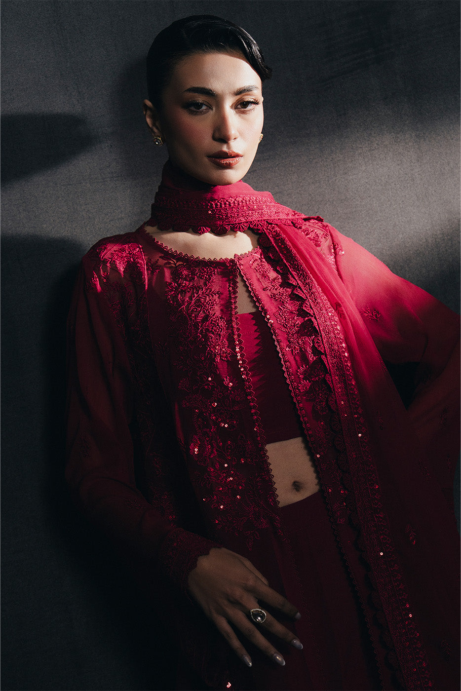 4 PIECE EMBROIDERED CHIFFON SUIT-CARMINE RED (UNSTITCHED)