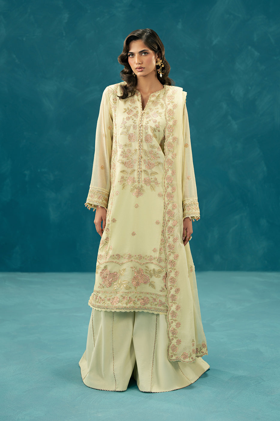 4 PIECE EMBROIDERED COTTON NET SUIT-PETAL DUST (UNSTITCHED)