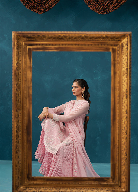 4 PIECE EMBROIDERED COTTON NET SUIT-BLUSH BREEZE (UNSTITCHED)