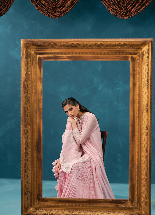 4 PIECE EMBROIDERED COTTON NET SUIT-BLUSH BREEZE (UNSTITCHED)