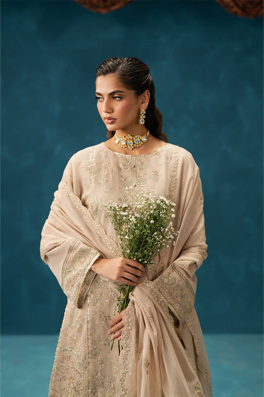 4 PIECE EMBROIDERED COTTON NET SUIT-FEATHER BEIGE (UNSTITCHED)