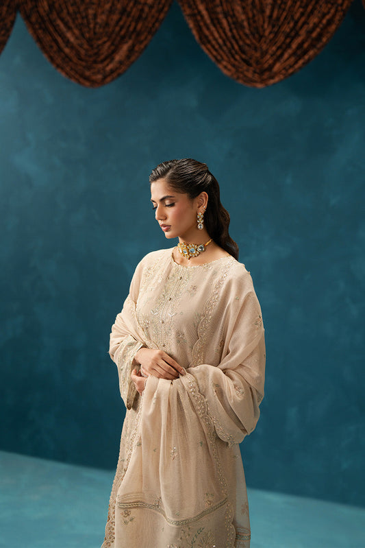 4 PIECE EMBROIDERED COTTON NET SUIT-FEATHER BEIGE (UNSTITCHED)