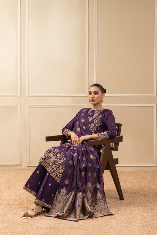 3 PIECE EMBROIDERED COTTON  RAW SILK SUIT-MOONLIT VIOLET (UNSTITCHED)