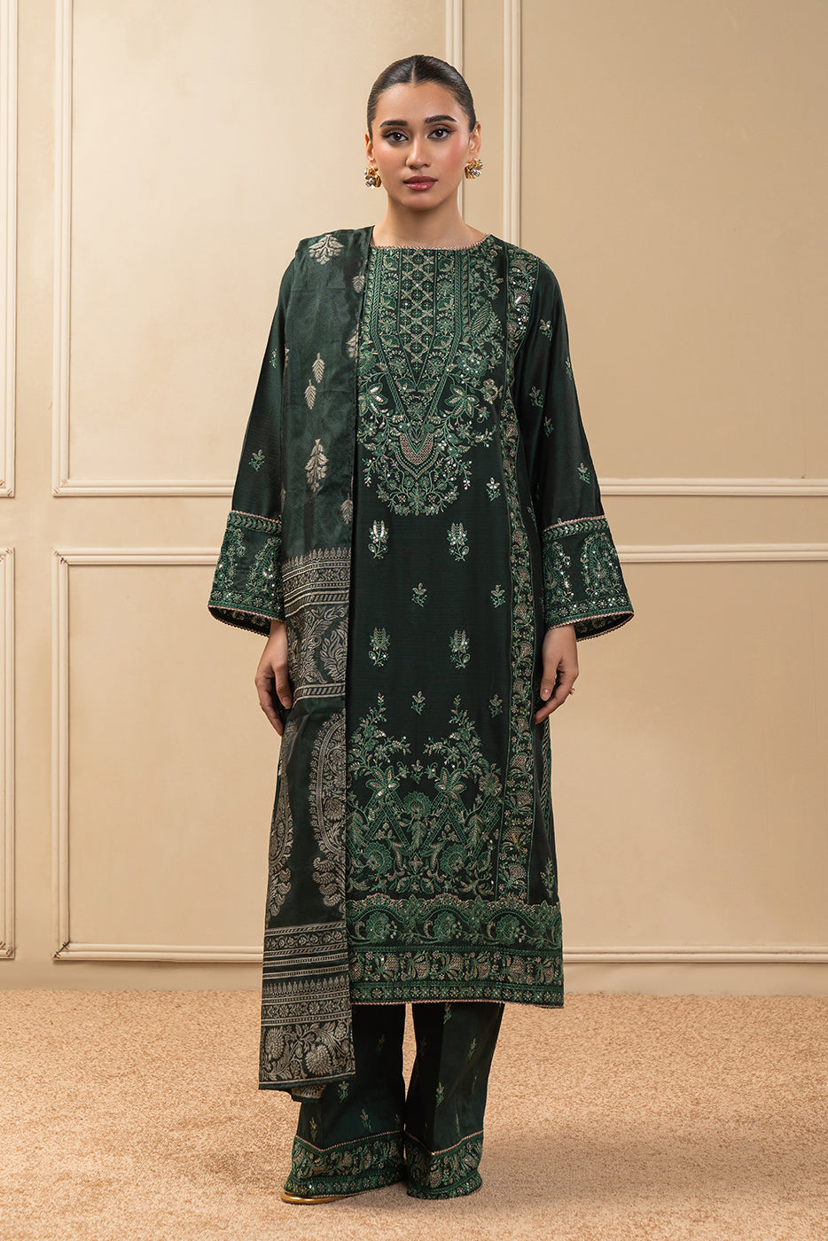3 PIECE EMBROIDERED COTTON  RAW SILK SUIT-TWILIGHT EMERALD (UNSTITCHED)